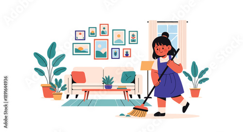 Independent little girl sweeping the living room floor, modern flat vector illustrating good habits and caring for a clean home environment