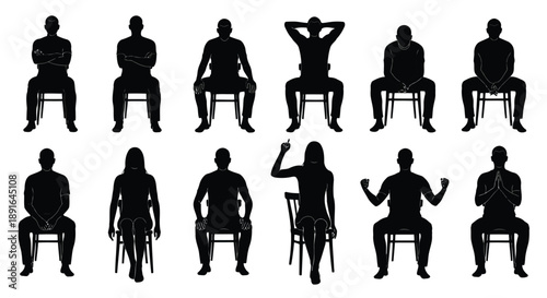 Collection of human silhouette poses including sitting crossed arms, resting head, hands on knees, and standing gestures in vector format