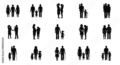 Diverse family silhouettes showing love and togetherness with parents, children, and couples in various bonding poses