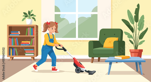 Independent little girl vacuuming the carpet in her living room, modern flat vector promoting good habits and self-discipline at home