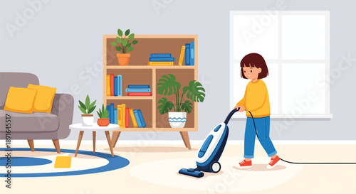 Independent little girl vacuuming the carpet in her living room, modern flat vector promoting good habits and self-discipline at home