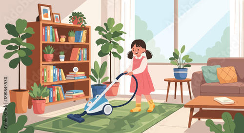 Independent little girl vacuuming the carpet in her living room, modern flat vector promoting good habits and self-discipline at home