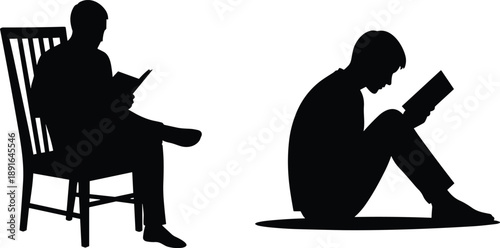 Silhouette of Adult and Child Reading Books Illustrating Education, Learning Gap, Knowledge Transfer, Literacy, and Generational Contrast Concept