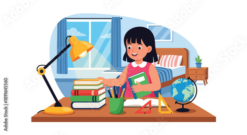 Independent little girl organizing books and supplies on her study desk, modern flat vector encouraging good habits and learning discipline