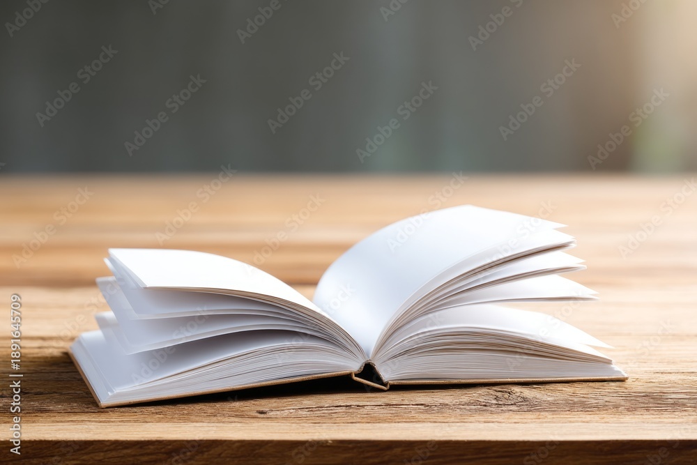 Naklejka premium Opened Book on Wooden Table Reveals Blank Pages for Creative Storytelling
