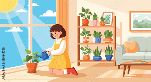 Independent little girl watering indoor plants, modern flat vector showing good habits, care for nature, and responsible daily routine