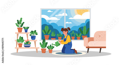 Independent little girl watering indoor plants, modern flat vector showing good habits, care for nature, and responsible daily routine
