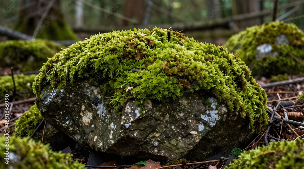 Obraz premium Moss covered rock sitting on forest floor in a natural woodland setting