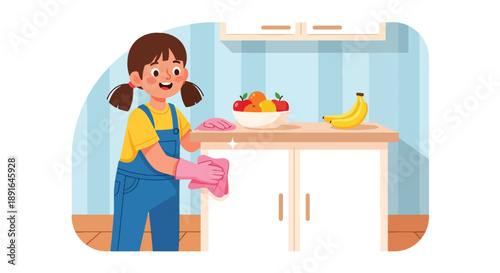 Independent little girl wiping the kitchen table, modern flat vector illustrating good habits, cleanliness, and home responsibility
