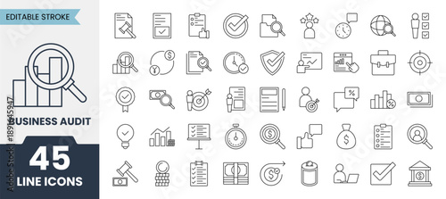Business Audit line icons set with editable stroke. Containing control, finance report, inspecting, approval, management and more. Vector illustration