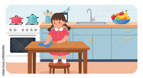 Independent little girl wiping the kitchen table, modern flat vector illustrating good habits, cleanliness, and home responsibility
