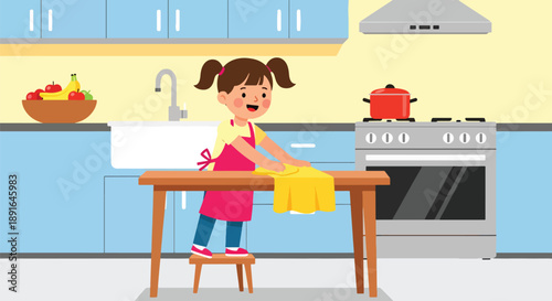 Independent little girl wiping the kitchen table, modern flat vector illustrating good habits, cleanliness, and home responsibility