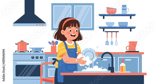 Independent little girl washing dishes at the sink, modern flat vector promoting good habits and responsible daily home routine
