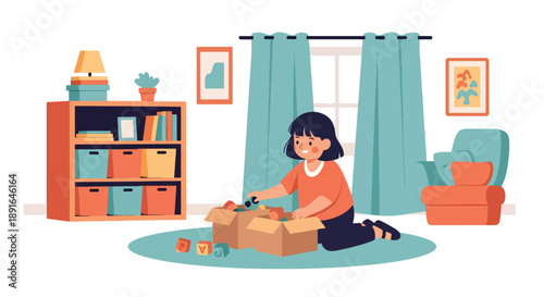 Independent little girl sorting toys into boxes, modern flat vector showing good habits, organization skills, and clean playroom routine