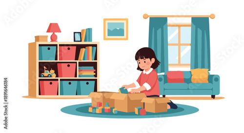 Independent little girl sorting toys into boxes, modern flat vector showing good habits, organization skills, and clean playroom routine