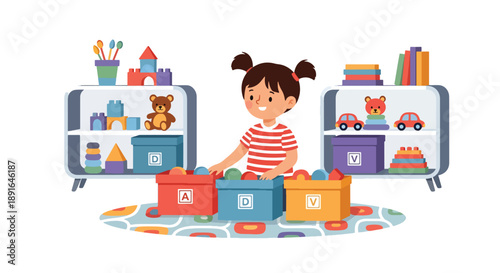 Independent little girl sorting toys into boxes, modern flat vector showing good habits, organization skills, and clean playroom routine