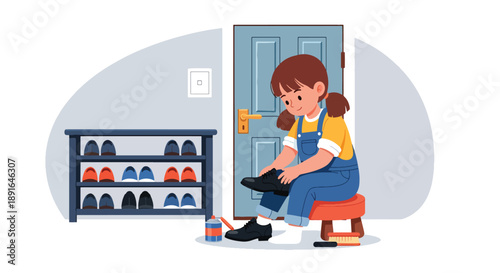 Independent little girl polishing her shoes near the door, modern flat vector showing good habits and personal responsibility