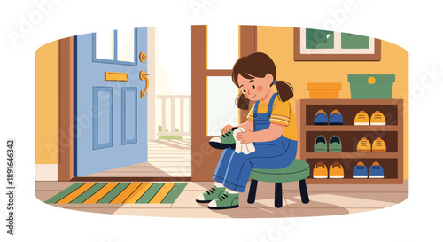 Independent little girl polishing her shoes near the door, modern flat vector showing good habits and personal responsibility
