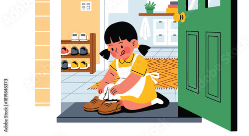 Independent little girl polishing her shoes near the door, modern flat vector showing good habits and personal responsibility