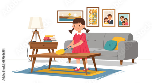 Independent little girl dusting furniture in the living room, modern flat vector promoting good habits and clean home lifestyle