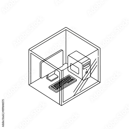 Isometric line art illustration of a modern office cubicle with computer, monitor, and keyboard