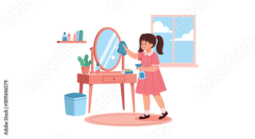 Independent little girl cleaning her room mirror, modern flat vector showing good habits and attention to personal space