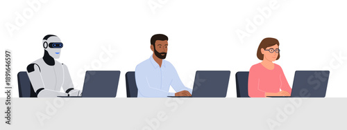 Humanoid AI robot and people working with computers