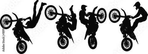 Motocross Rider Silhouettes Performing Extreme Stunts and Wheelies, Action Sports Sequence, Motorcycle Trick Jump, Freestyle Racing, Adventure Lifestyle Concept