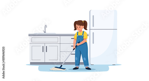 Independent little girl mopping the kitchen floor, modern flat vector promoting good habits and responsibility at home