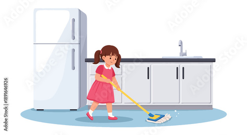 Independent little girl mopping the kitchen floor, modern flat vector promoting good habits and responsibility at home