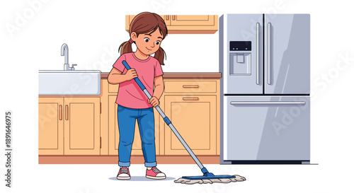 Independent little girl mopping the kitchen floor, modern flat vector promoting good habits and responsibility at home