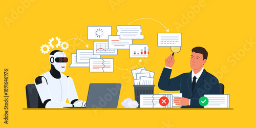 AI robot generating sloppy data and annoyed office worker checking AI-generated content