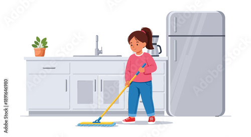 Independent little girl mopping the kitchen floor, modern flat vector promoting good habits and responsibility at home