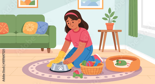 Independent little girl cleaning pet area at home, modern flat vector promoting good habits and caring attitude