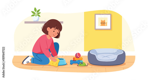 Independent little girl cleaning pet area at home, modern flat vector promoting good habits and caring attitude