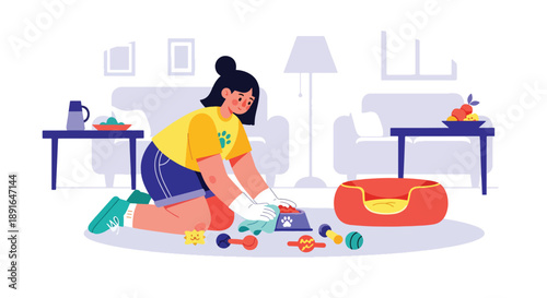 Independent little girl cleaning pet area at home, modern flat vector promoting good habits and caring attitude