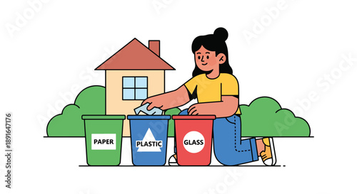 Independent little girl sorting recyclable waste, modern flat vector promoting good habits and eco-friendly responsibility