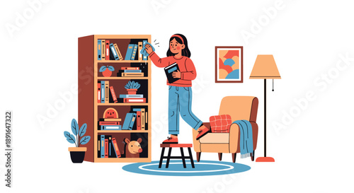 Independent little girl cleaning and organizing bookshelf, modern flat vector showing good habits and love for learning