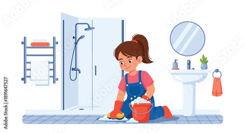 Independent little girl cleaning bathroom tiles, modern flat vector showing good habits and hygiene responsibility