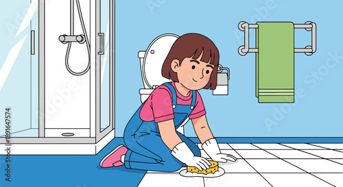 Independent little girl cleaning bathroom tiles, modern flat vector showing good habits and hygiene responsibility