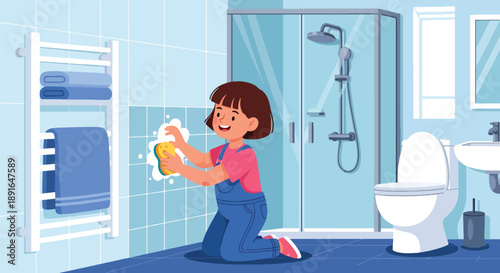 Independent little girl cleaning bathroom tiles, modern flat vector showing good habits and hygiene responsibility