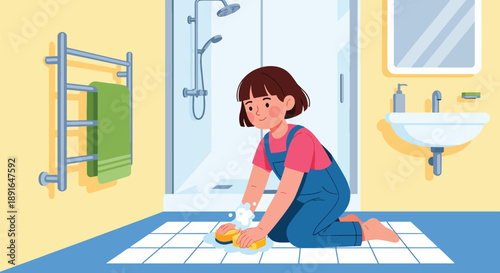 Independent little girl cleaning bathroom tiles, modern flat vector showing good habits and hygiene responsibility