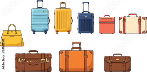 Comprehensive flat vector illustration set featuring various travel luggage styles including rolling suitcases, vintage trunks, leather briefcases, colorful carry-on bags, and overnight travel duffels