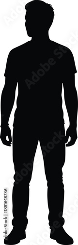 Black silhouette of a man standing with fists by his sides black, silhouette, man, standing, fists, white background, person, figure, shape, form, outline, monochrome, simple, minimalist, dark, solid,