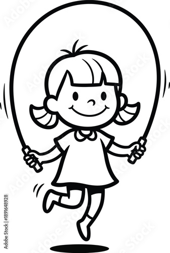 A cheerful little girl joyfully skipping rope with a big smile, a simple line art illustration