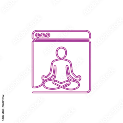 Digital meditation: A person meditating in a lotus pose within a computer screen interface, symbolizing online wellness and mental health.
