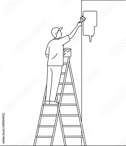 A man standing on a ladder and painting a wall with a brush and paint can