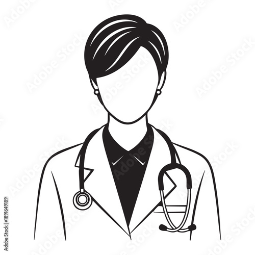 Vector illustration of a female doctor in a white coat, representing healthcare, medical professionals, and patient care.