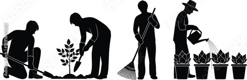 Black silhouette of professional gardener set with people planting, raking and watering plants, CAD drawing flat vector illustration, isolated on white for architectural design