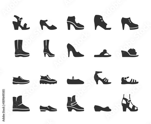 Women footwear collection, monochrome icons set. Female shoe styles, fashion footwear, casual and formal wear, high heel and flat shoe, seasonal footwear. Black and white symbols style.